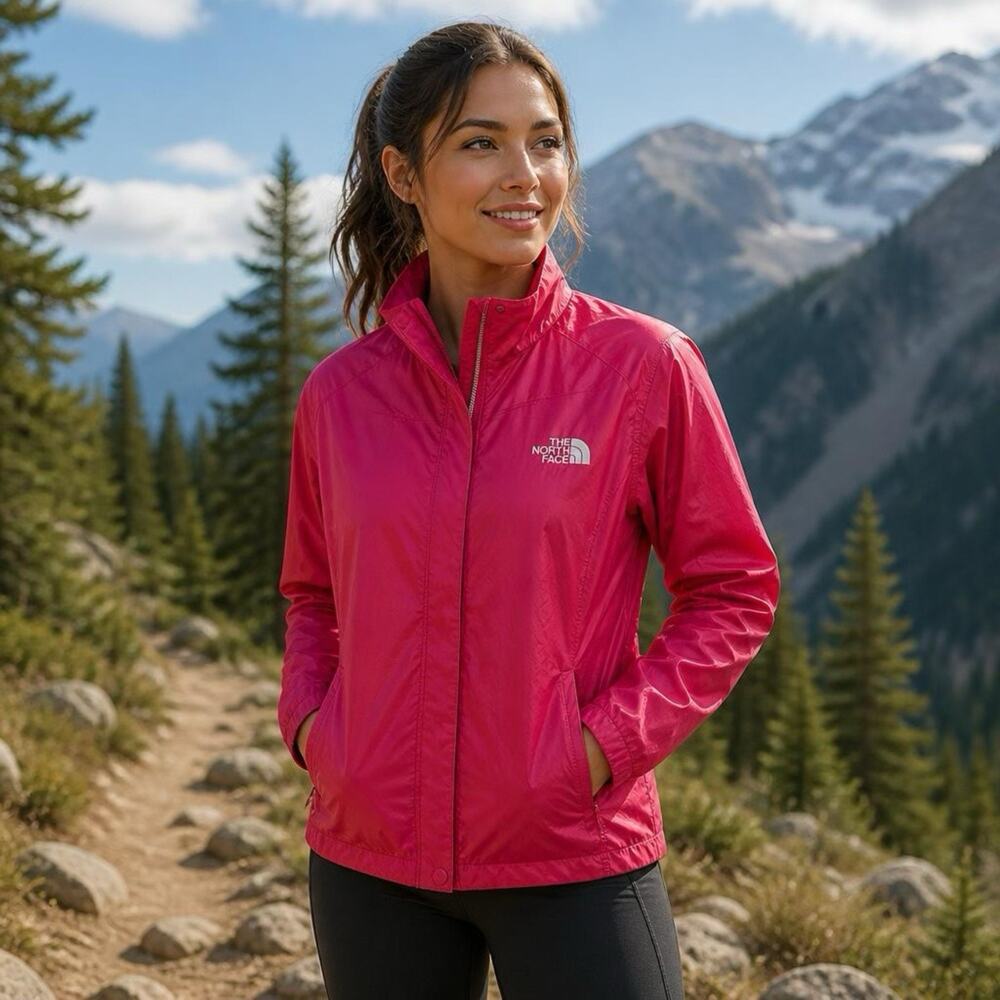 The North Face Jacket Womens Medium Windbreaker Hot Pink FullZip Outdoors Hiking